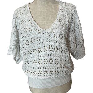 White House Black Market White Crochet Knit Sweater Top S V-Neck Short Sleeve